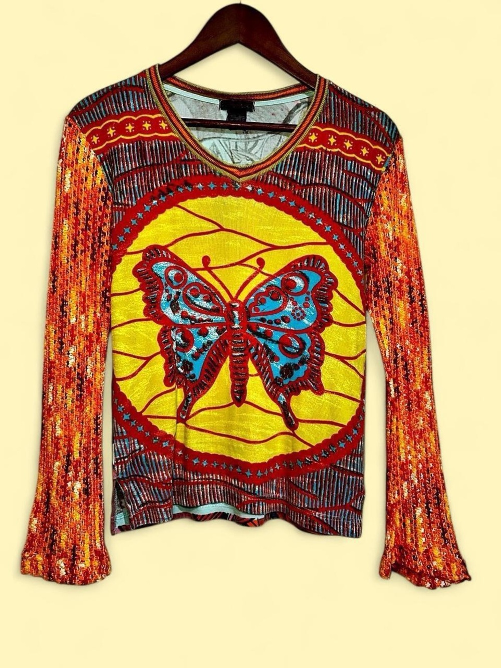 VINTAGE Custo Barcelona Butterfly Mixed Media Top - Crochet Bell Sleeves Y2K